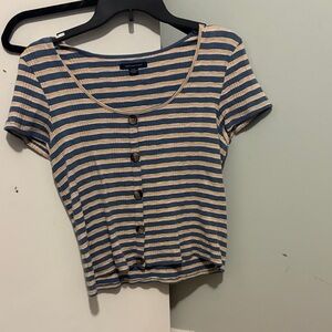 American Eagle Outfitters Blue and Tan Striped Button-Down Top